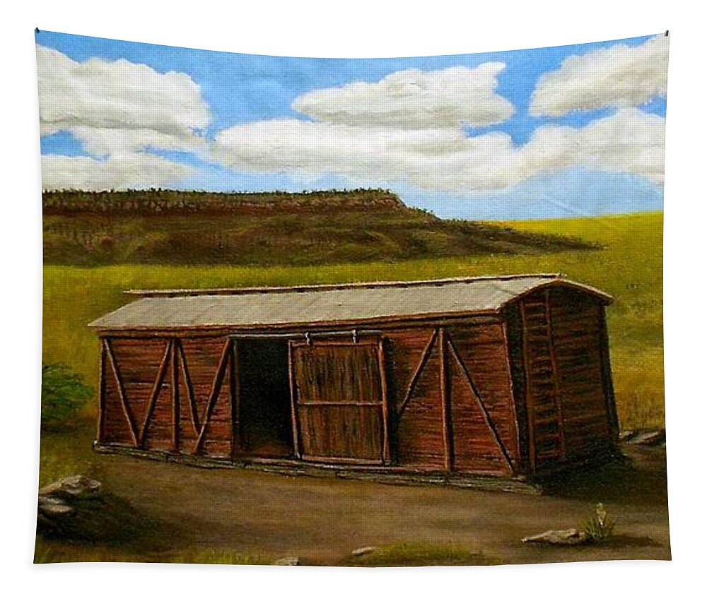Boxcar Tapestry featuring the painting Boxcar on the Plains by Sheri Keith