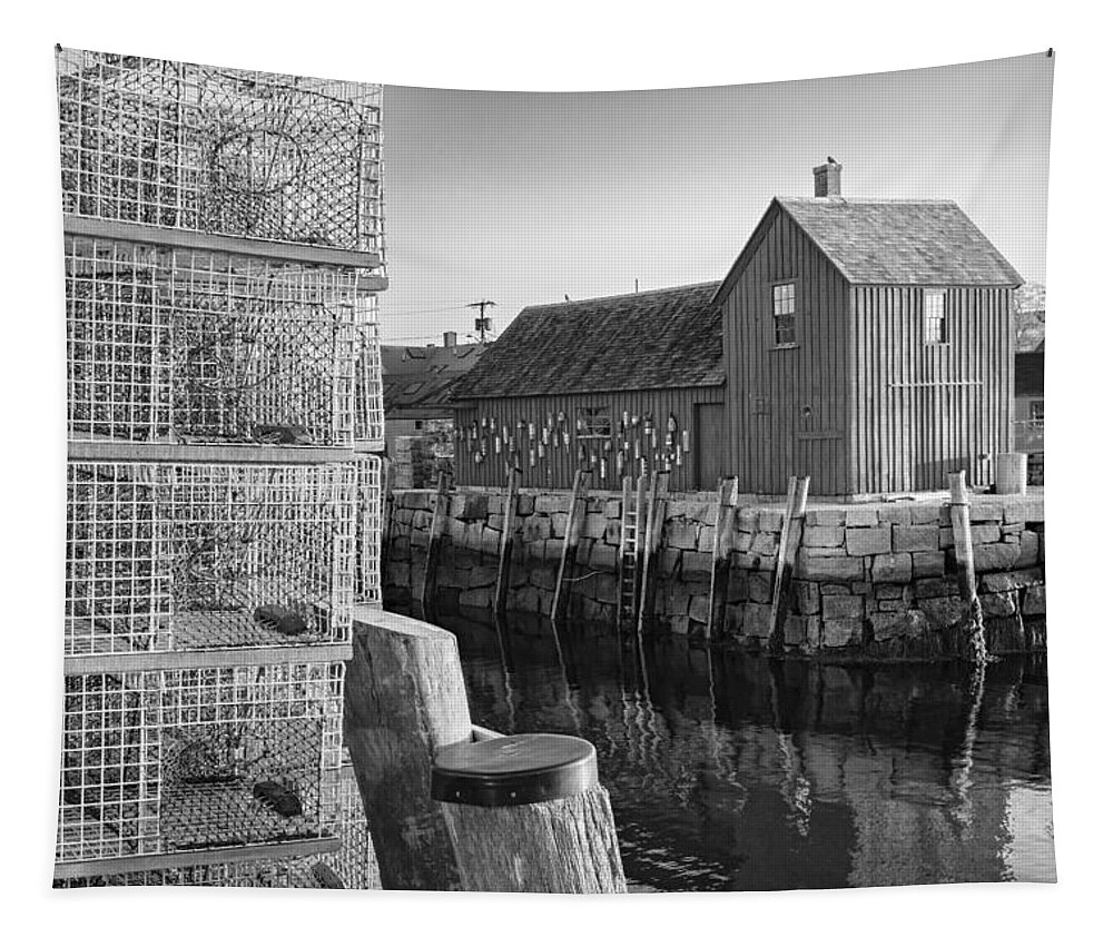 Motif No.1 Tapestry featuring the photograph Bradley Wharf Motif #1 BW by Susan Candelario