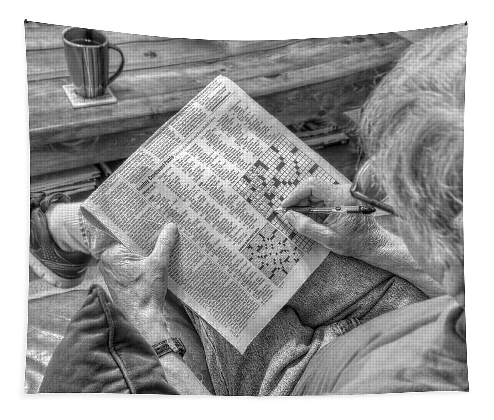 Sunday Crossword Puzzle Tapestry featuring the photograph Mind Games - Sunday Crossword Puzzle - Black and White by Jason Politte