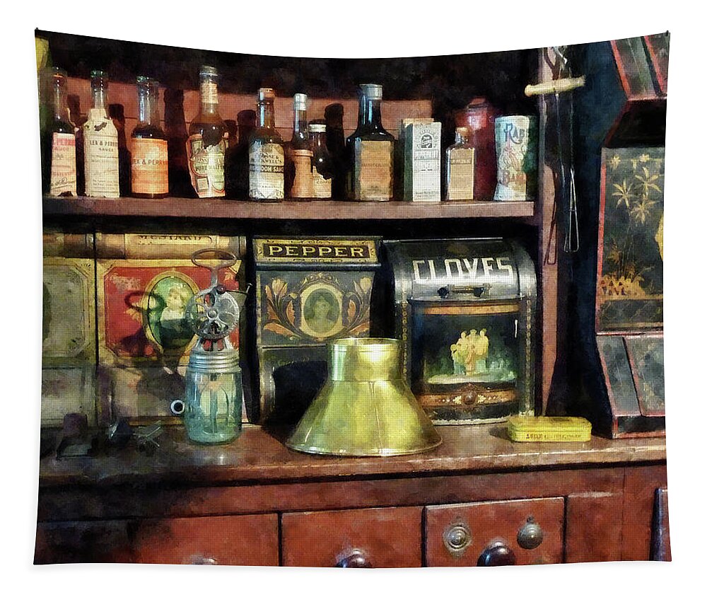 General Store Tapestry featuring the photograph Brass Funnel and Spices by Susan Savad