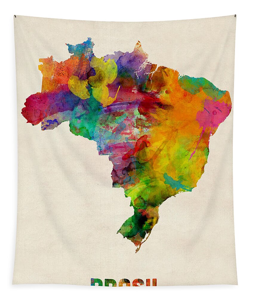 Map Art Tapestry featuring the digital art Brazil Watercolor Map by Michael Tompsett