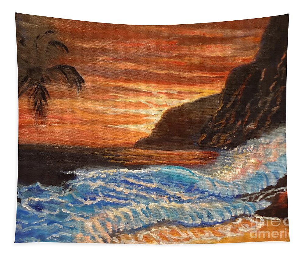 Orange Sky Tapestry featuring the painting Brilliant Hawaiian Sunset 1 by Jenny Lee