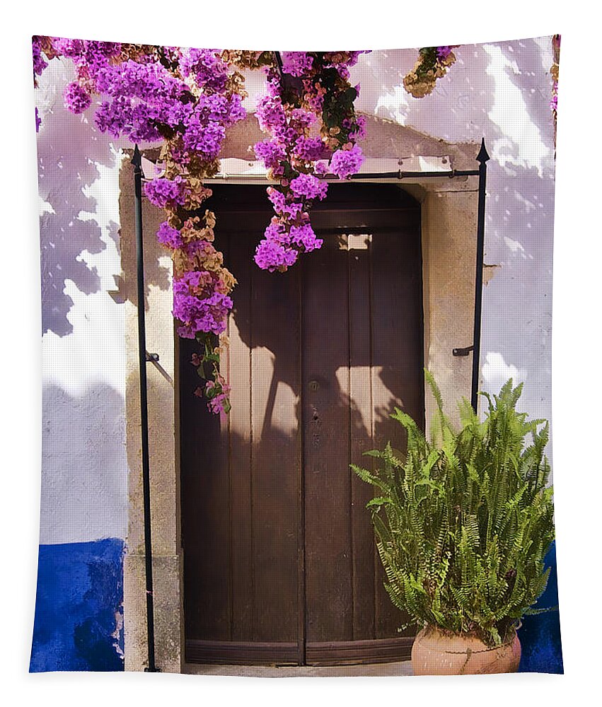 Blue Tapestry featuring the photograph Brown Wood Door of the Medieval Village of Obidos by David Letts