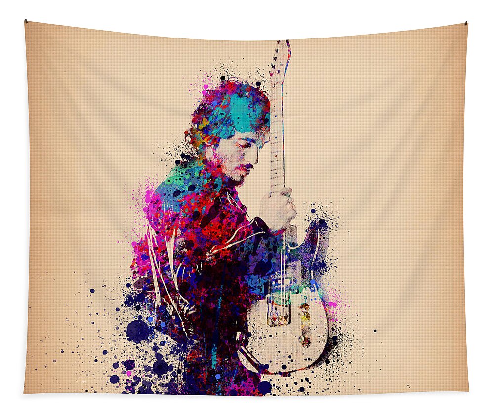 Music Tapestry featuring the painting Bruce Springsteen Splats And Guitar by Bekim M