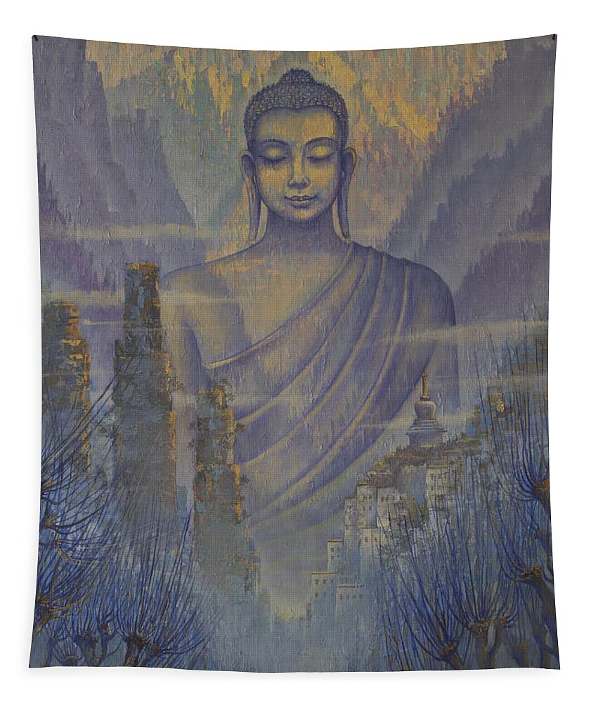 Buddha Tapestry featuring the painting Buddha. Valley of silence by Vrindavan Das