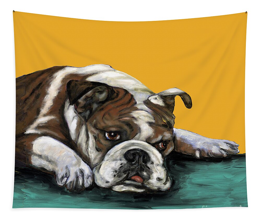 Bull Dog Tapestry featuring the painting Bulldog On Yellow by Dale Moses
