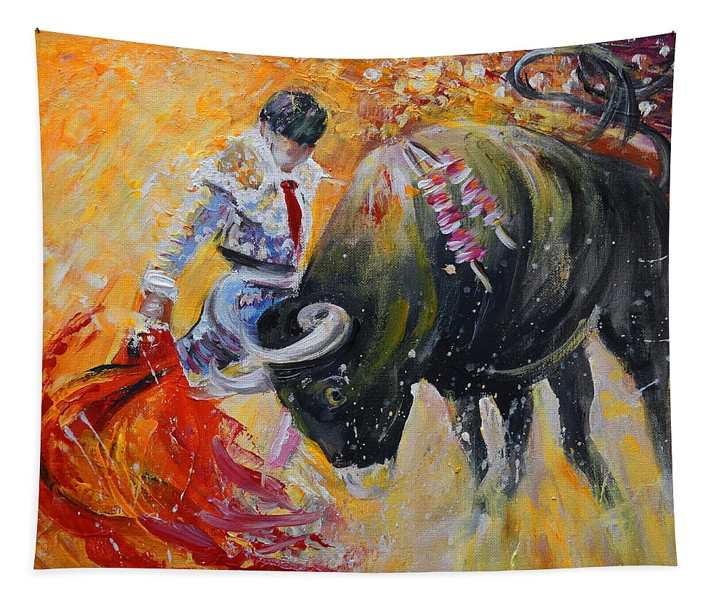 Animals Tapestry featuring the painting Bullfighting in Neon Light 02 by Miki De Goodaboom