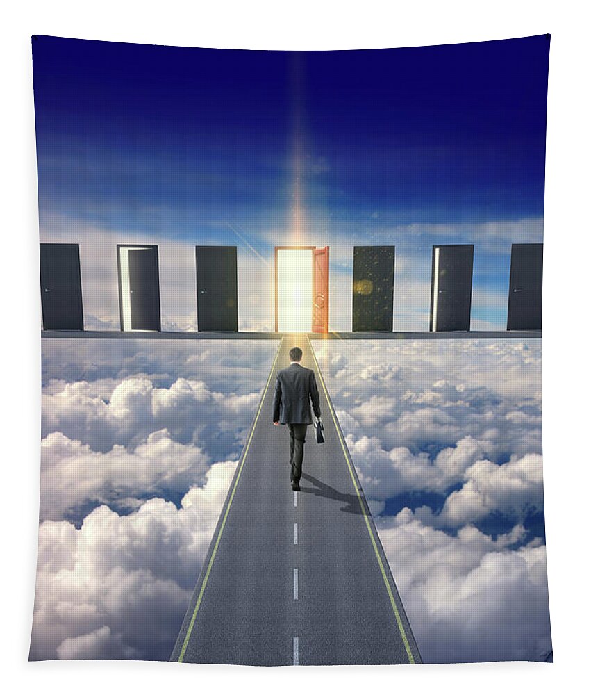 Above Tapestry featuring the photograph Businessman On Road In Clouds Walking by Ikon Ikon Images