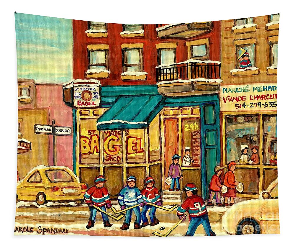 St.viateur Bagel Tapestry featuring the painting Buy Original Montreal Art Yummy St. Viateur Bagels Hockey Game Beautuful Winter Art Carole Spandau by Carole Spandau
