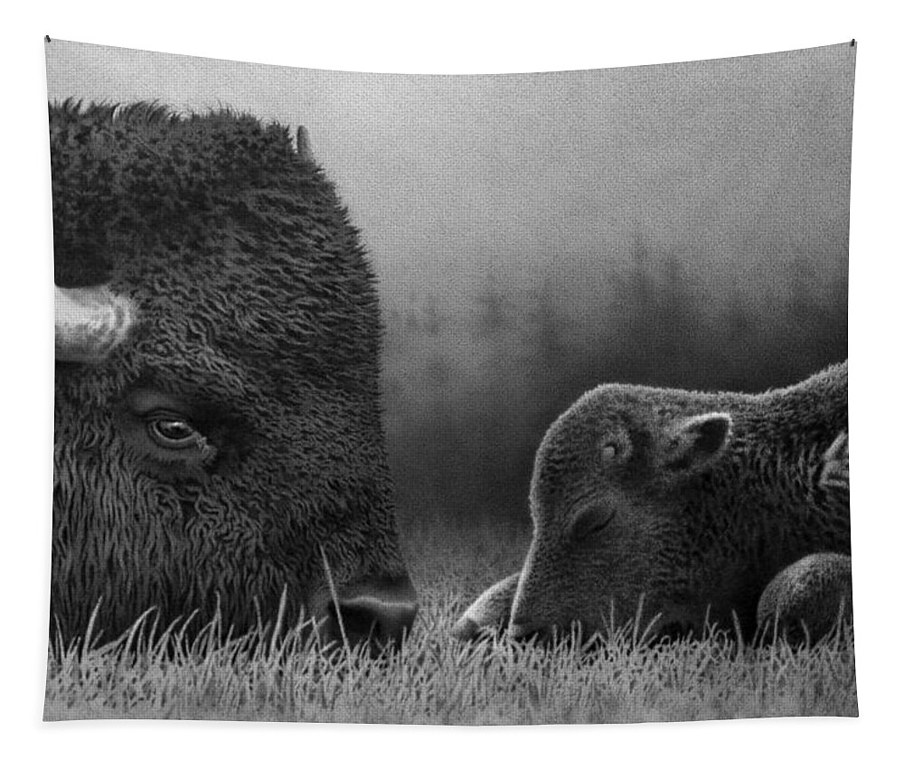 Bison Tapestry featuring the drawing By the Forest's Edge by Stirring Images