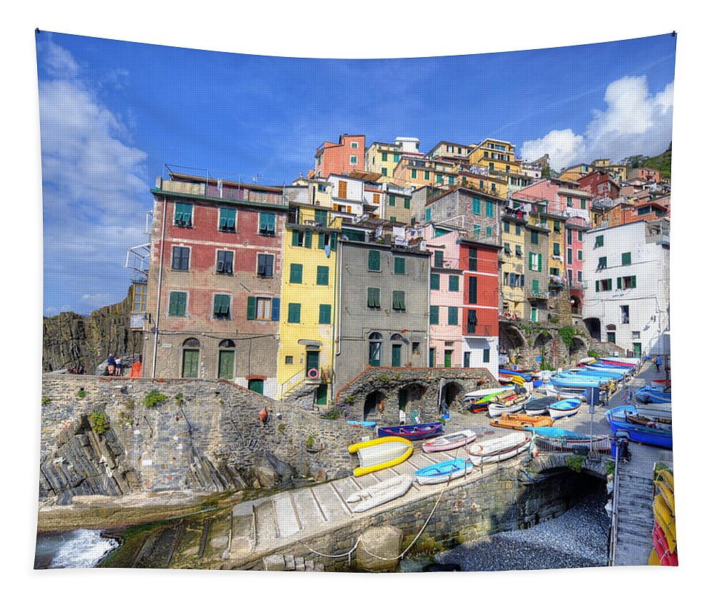Europe Tapestry featuring the photograph By the Harbor in Riomaggiore by Matt Swinden