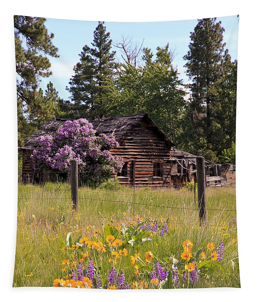 Cabin Tapestry featuring the photograph Cabin and Wildflowers by Athena Mckinzie