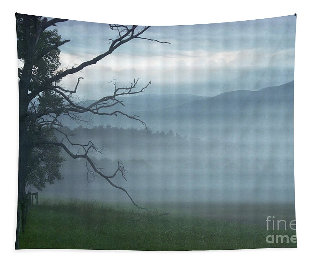 Green Tapestry featuring the photograph Cades Cove Fog Sunrise by Teri Atkins Brown