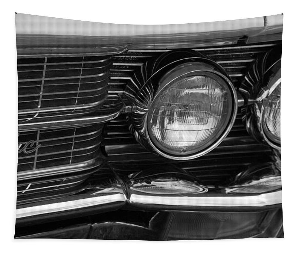 Custom Car Show Shine Classic Ford Blue Granum Alberta Canada Chrome Bumper Fender Detail American Automobile Antique Auto Black And White Tapestry featuring the photograph Cadillac grill and lights B/W by Mick Flynn