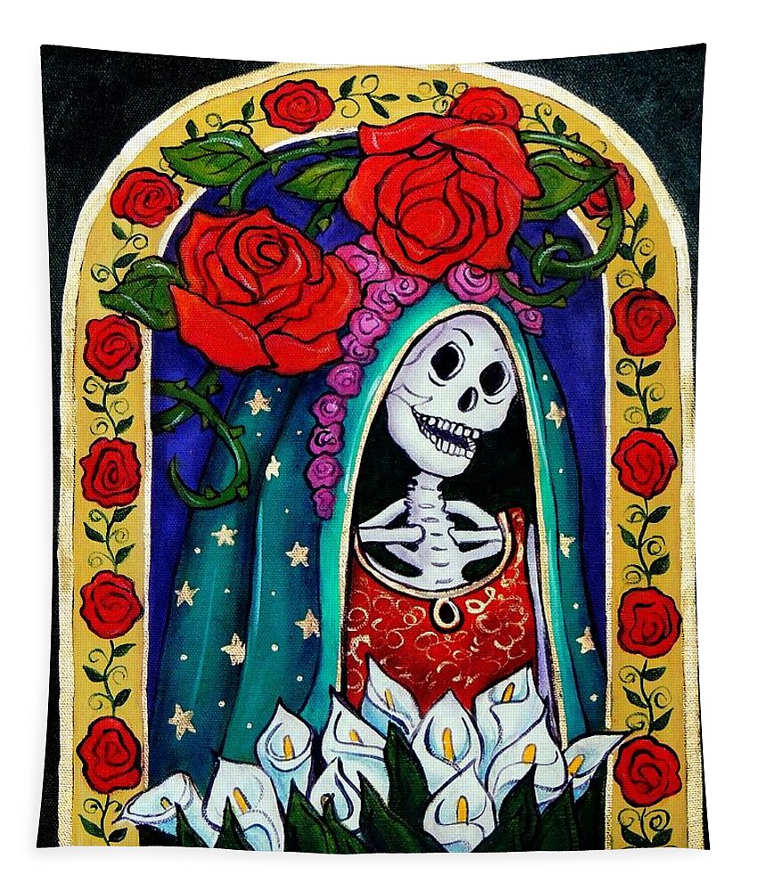 Dia De Los Muertos Tapestry featuring the painting Calavera Guadalupe by Candy Mayer