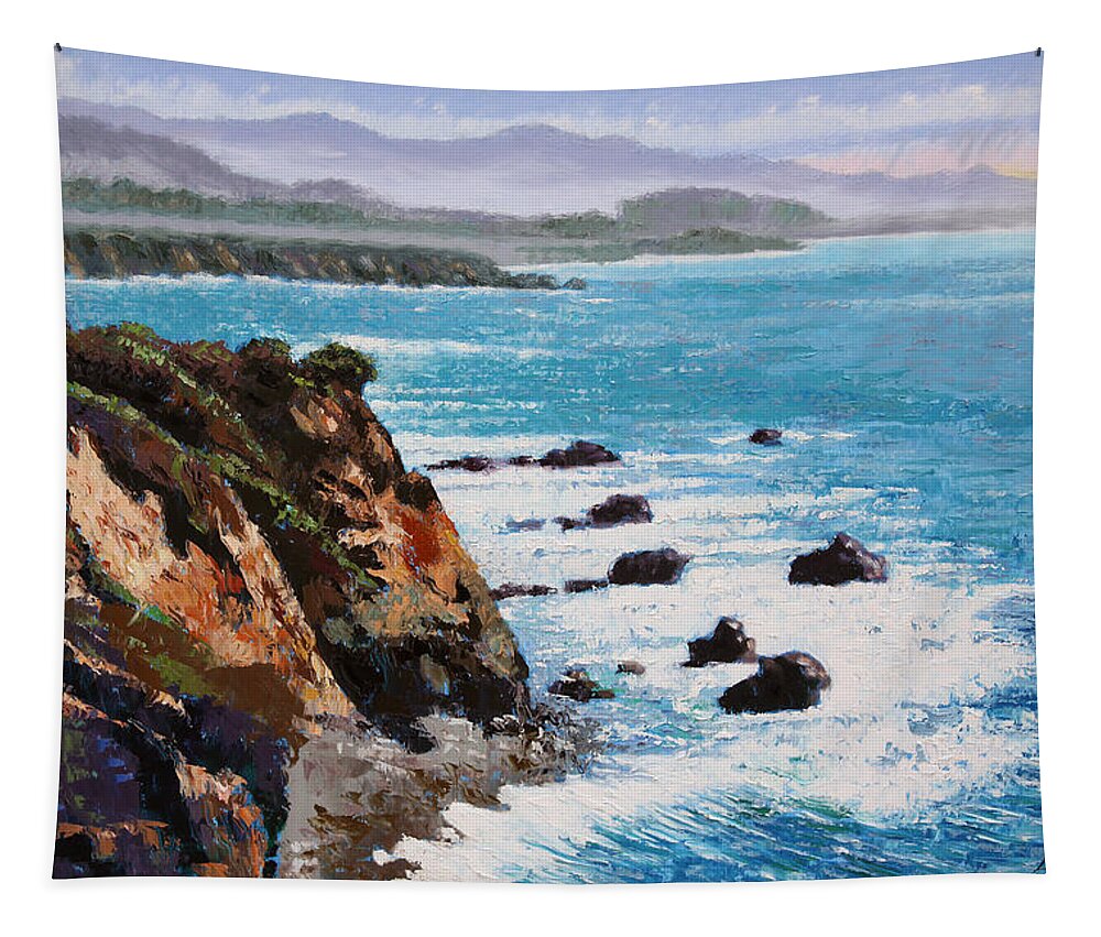 Ocean Tapestry featuring the painting California Coastline by John Lautermilch