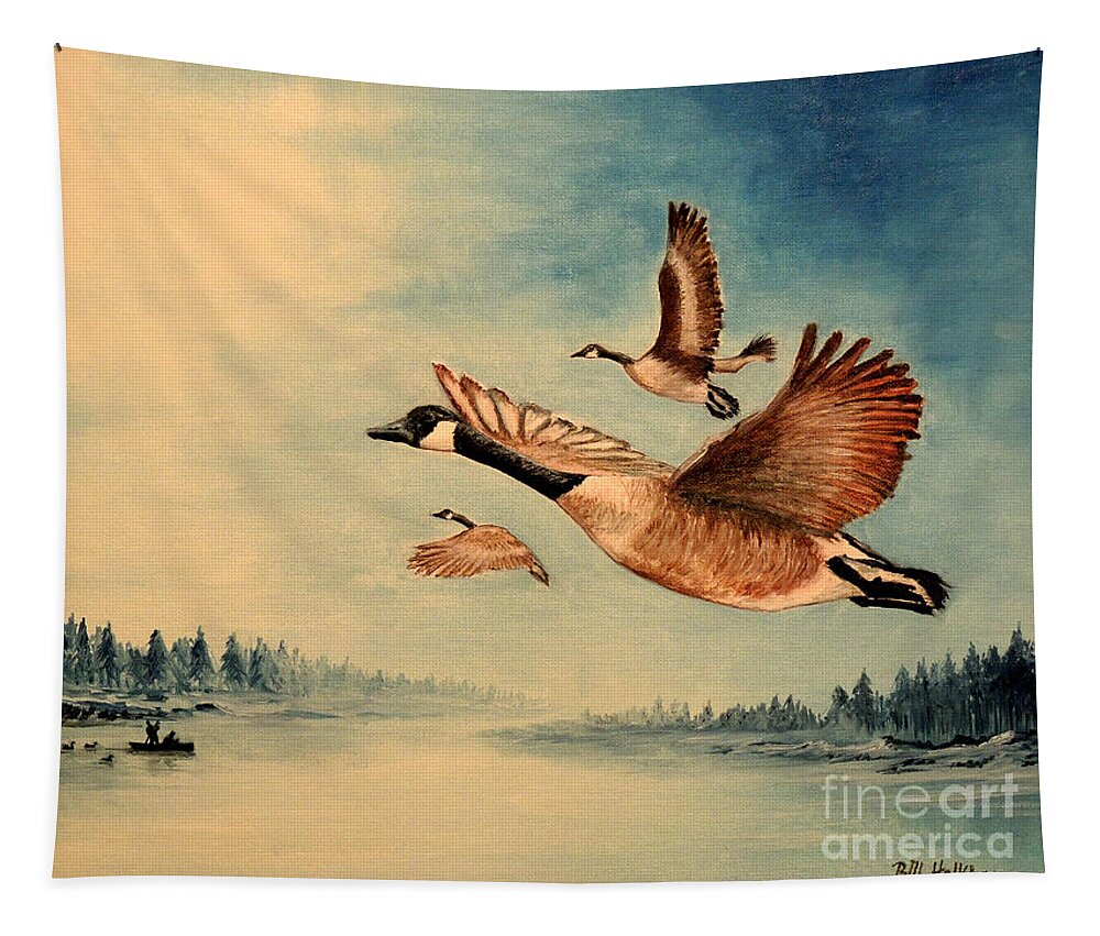 Canada Geese Tapestry featuring the painting Canada Geese by Bill Holkham