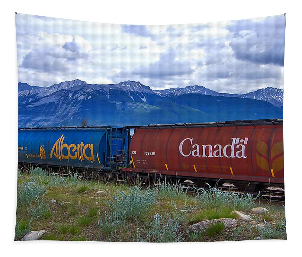 Train Tapestry featuring the photograph Canadian Freight Train in Jasper #2 by Stuart Litoff