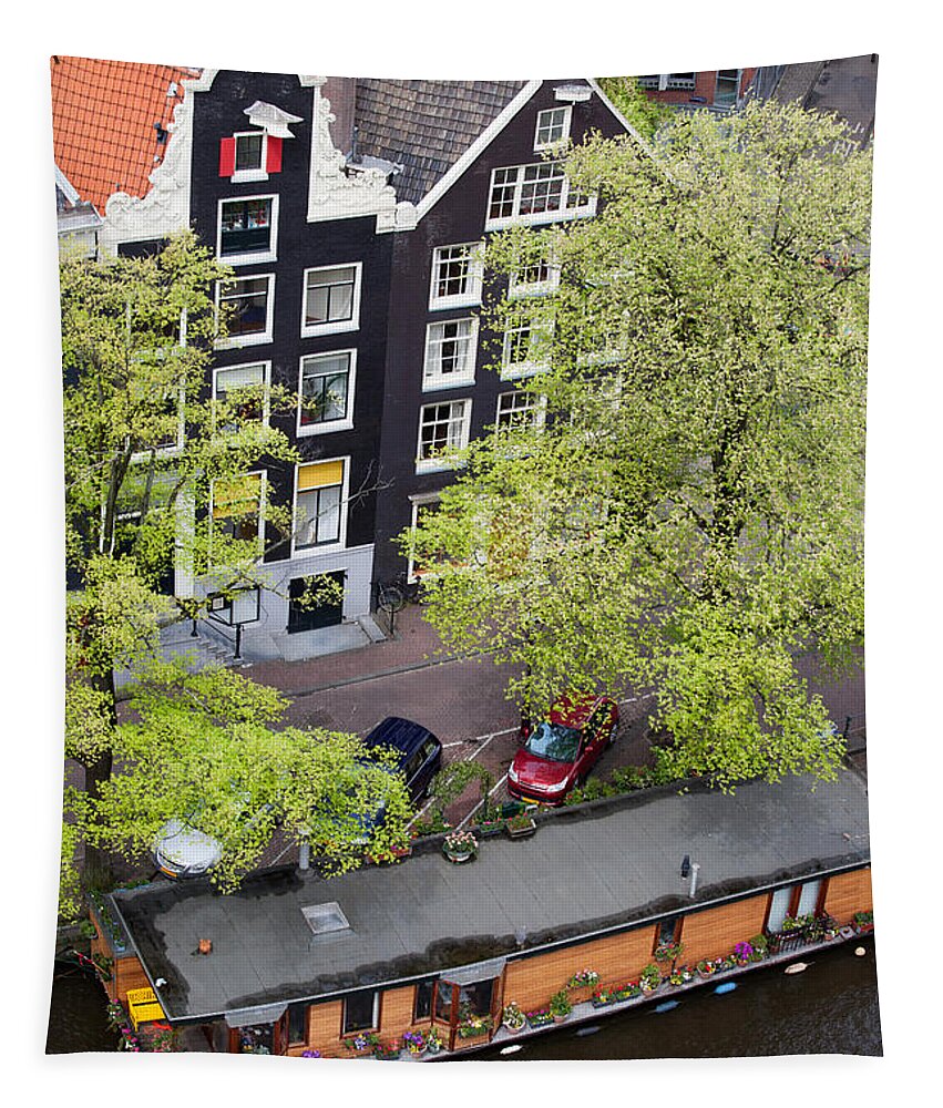 Amsterdam Tapestry featuring the photograph Canal Houses and Houseboat in Amsterdam by Artur Bogacki