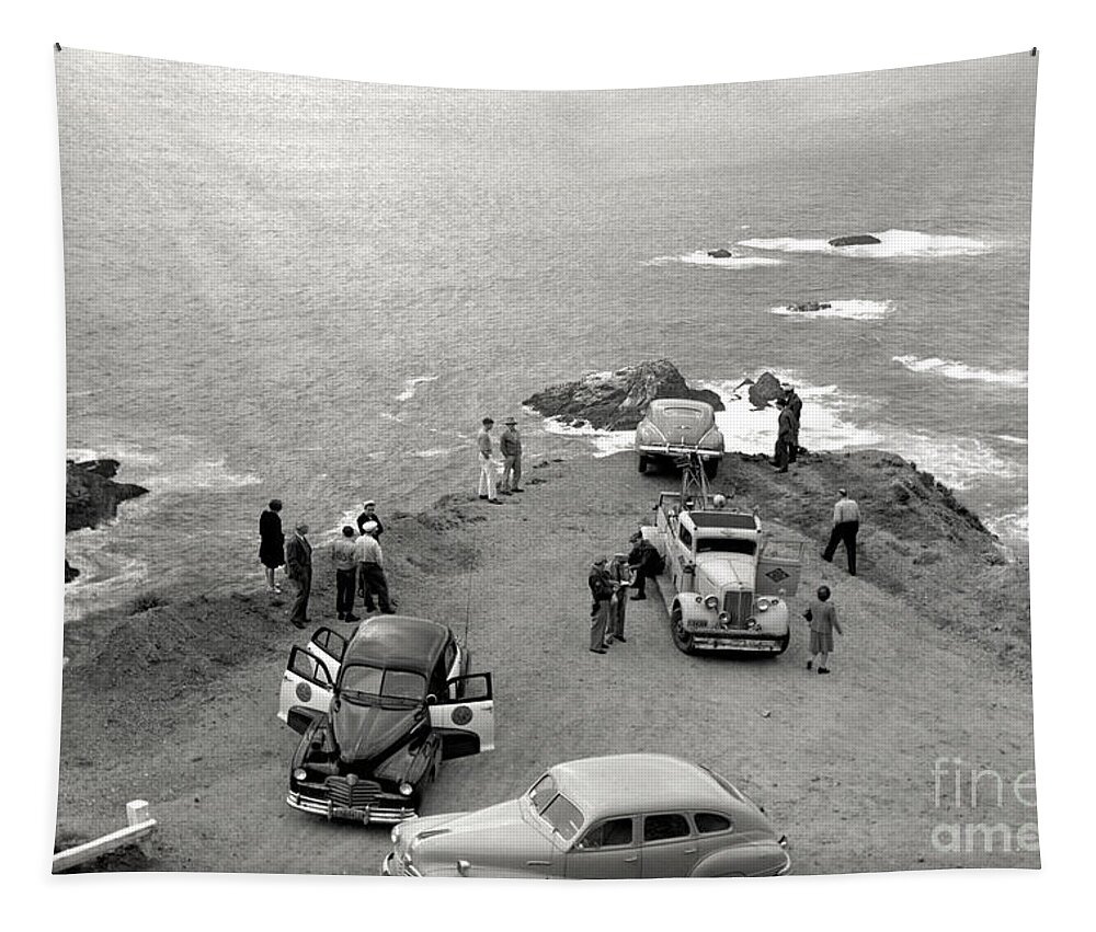 Car Tapestry featuring the photograph Car over edge on Highway One Big Sur California  March 27 1947 by Monterey County Historical Society