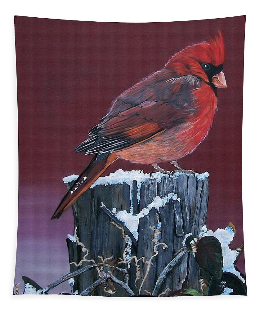 Red Bird Tapestry featuring the painting Cardinal Winter Songbird by Sharon Duguay