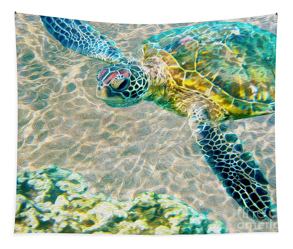 Caribbean Sea Turtle Tapestry featuring the mixed media Beautiful Sea Turtle by Jon Neidert