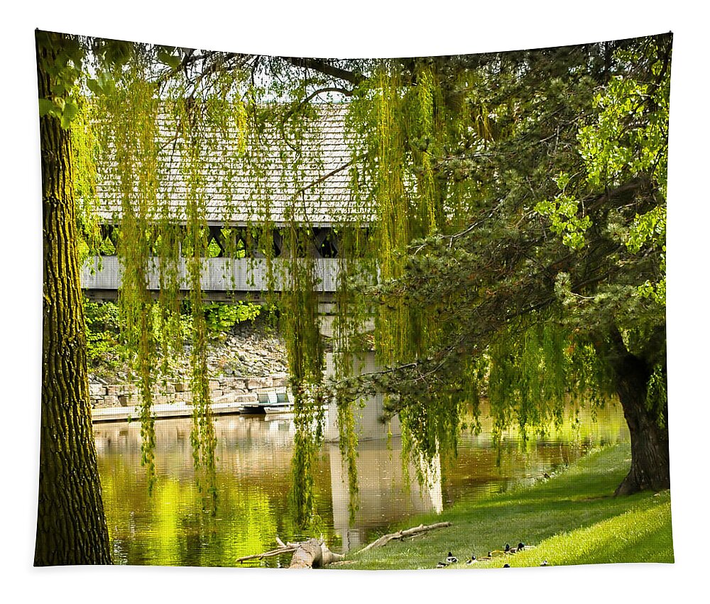 Cass River Frankenmuth Michigan Covered Bridge Tapestry featuring the photograph Cass River Frankenmuth Michigan by LeeAnn McLaneGoetz McLaneGoetzStudioLLCcom