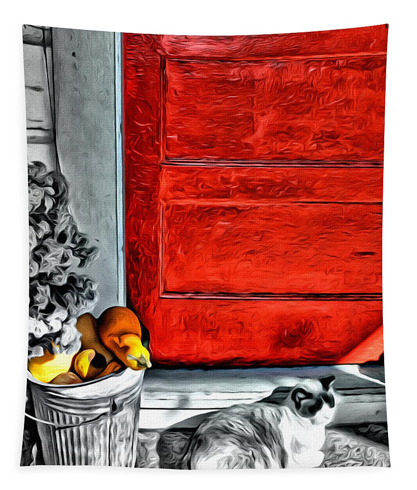 This Shot Just Called Out To Me. I Added An Oil Effect Just To Make It A Little More Artsy. One Of My Popular Gift Cards. Tapestry featuring the photograph Cat by the Red Door by Spencer Hughes