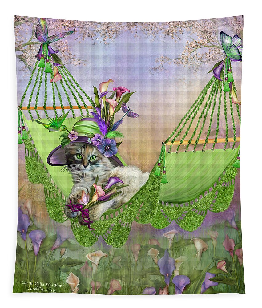 Cat Tapestry featuring the mixed media Cat In Calla Lily Hat by Carol Cavalaris