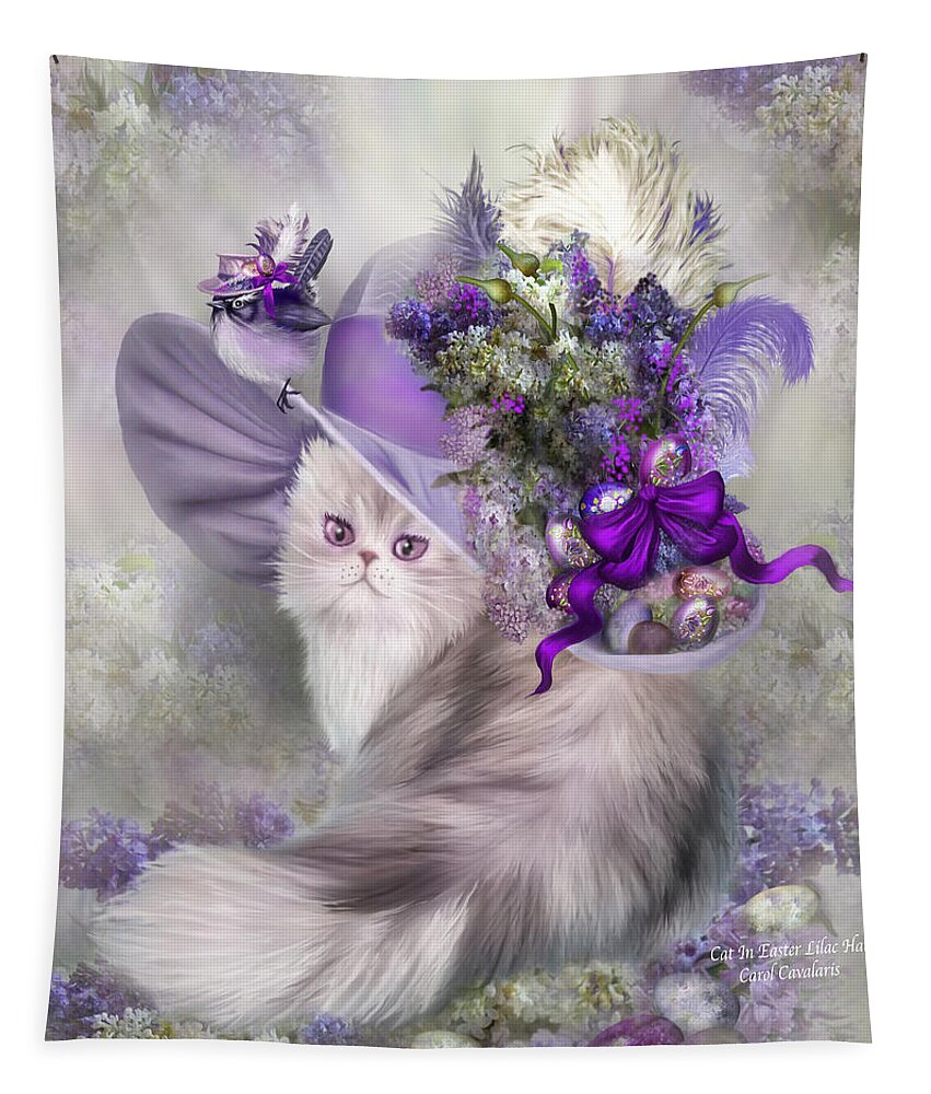 Cat Tapestry featuring the mixed media Cat In Easter Lilac Hat by Carol Cavalaris
