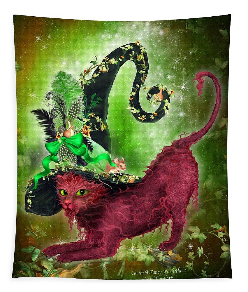 Cat Tapestry featuring the mixed media Cat In Fancy Witch Hat 2 by Carol Cavalaris
