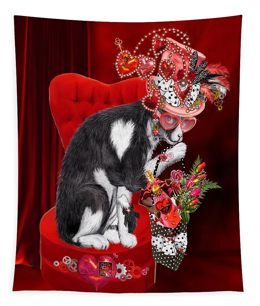 Cat Tapestry featuring the mixed media Cat In The Valentine Steam Punk Hat by Carol Cavalaris