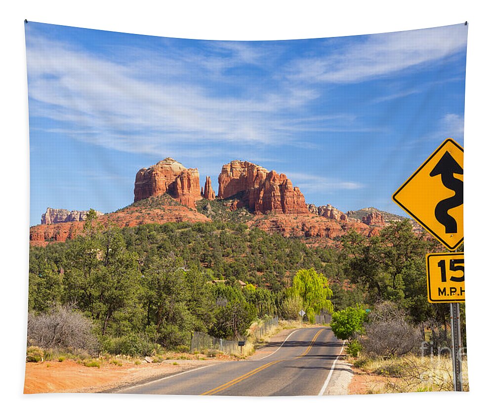 Red Rock Tapestry featuring the photograph Cathedral Rock and road in Sedona by Ken Brown