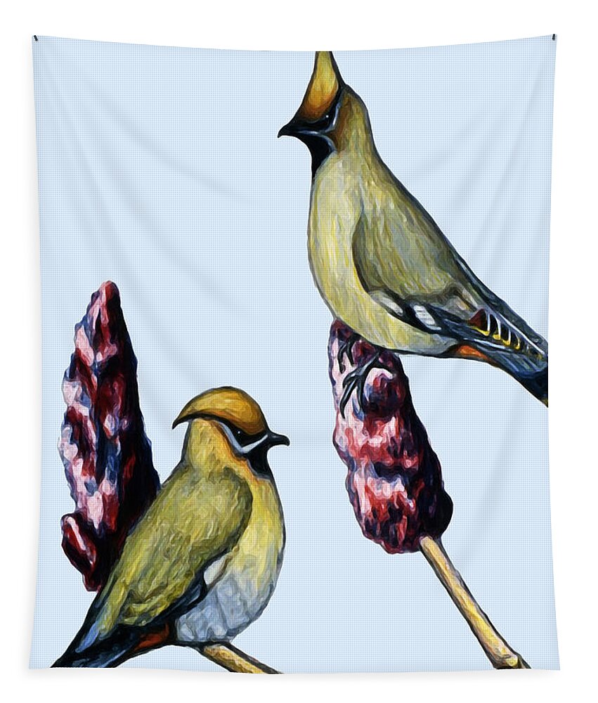 Cedar Waxwings Tapestry featuring the digital art Cedar Waxwings by Gary Olsen-Hasek