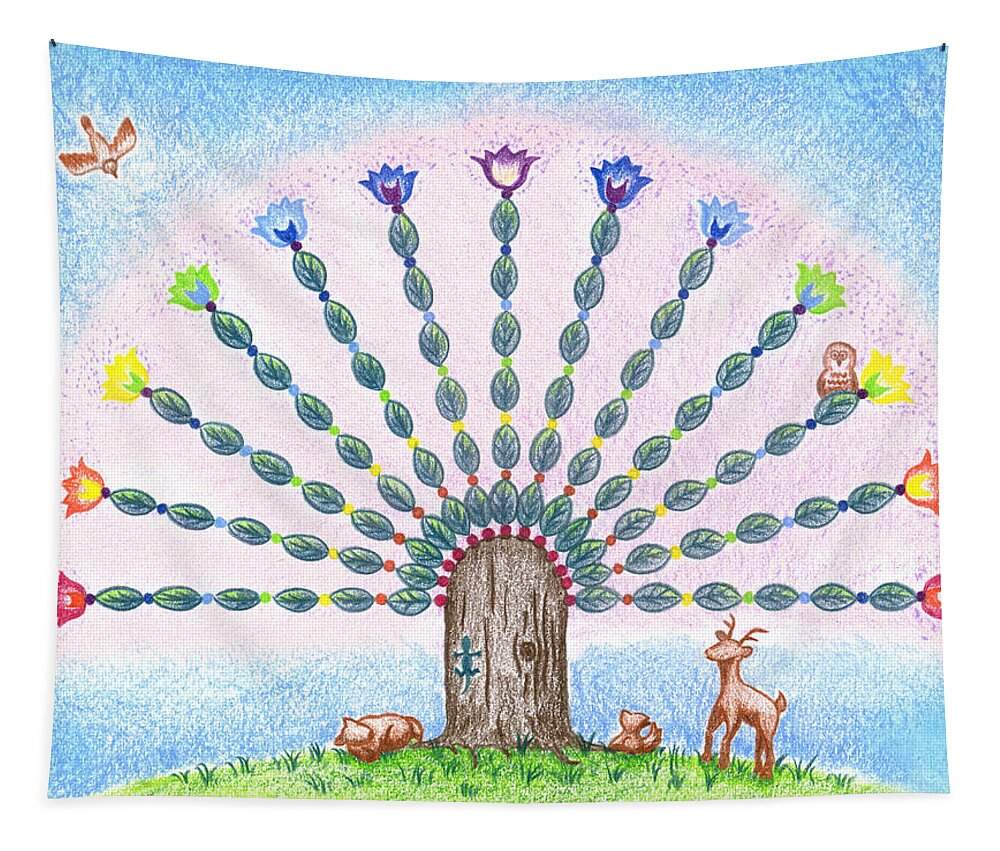 Seven Chakras Tapestry featuring the drawing Chakra Tree by Keiko Katsuta