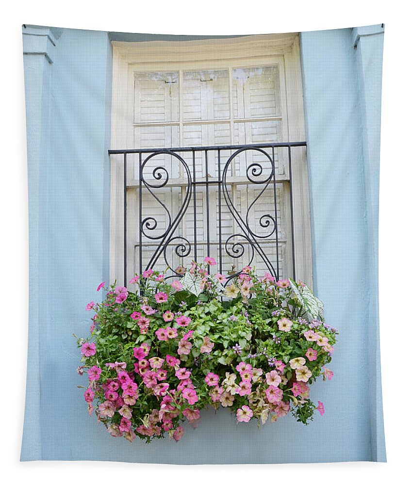 Charleston Tapestry featuring the photograph Charleston Window Box Flower Photography - Charleston Rainbow Row Blue Aqua Dreamy Flower Window Box by Kathy Fornal