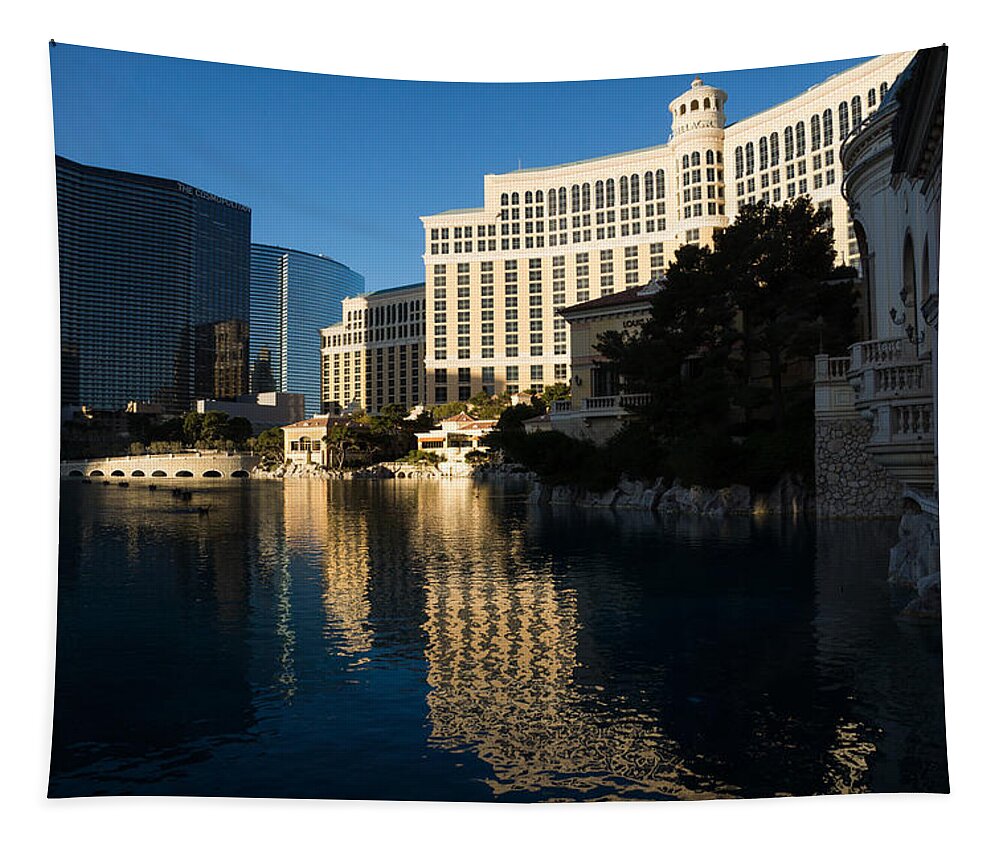 Bellagio Tapestry featuring the photograph Cheerful Early Morning Bellagio Reflections - Las Vegas Nevada by Georgia Mizuleva