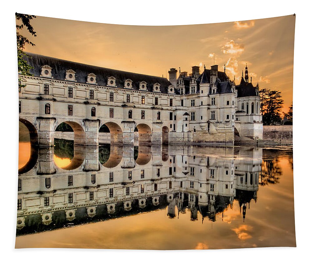 Chateau De Chenonceau Tapestry featuring the photograph Chenonceau Castle in the twilight panorama by Weston Westmoreland