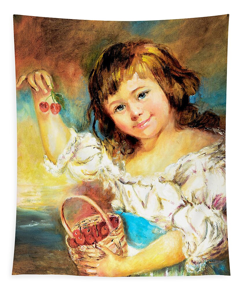 Girl Tapestry featuring the painting Cherry Basket girl by Sher Nasser