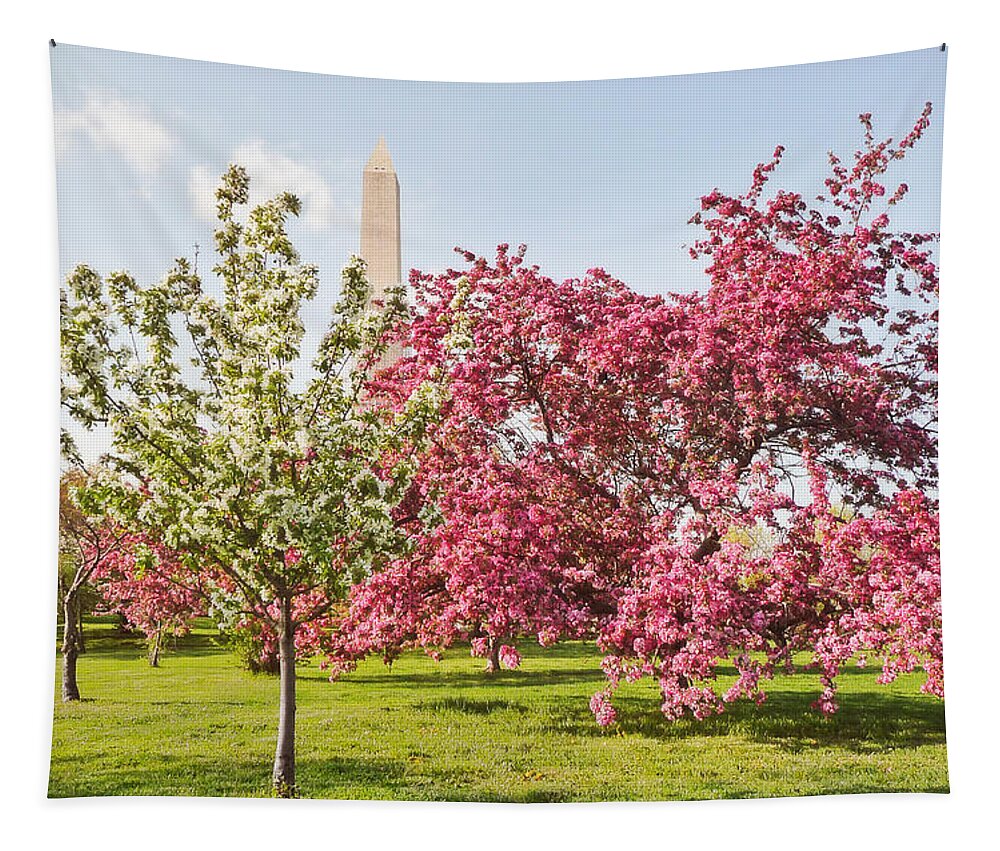 America Tapestry featuring the photograph Cherry Trees and Washington Monument Three by Mitchell R Grosky