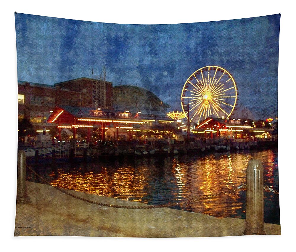 Navy Pier Tapestry featuring the photograph Chicago Navy Pier At Night by Thomas Woolworth