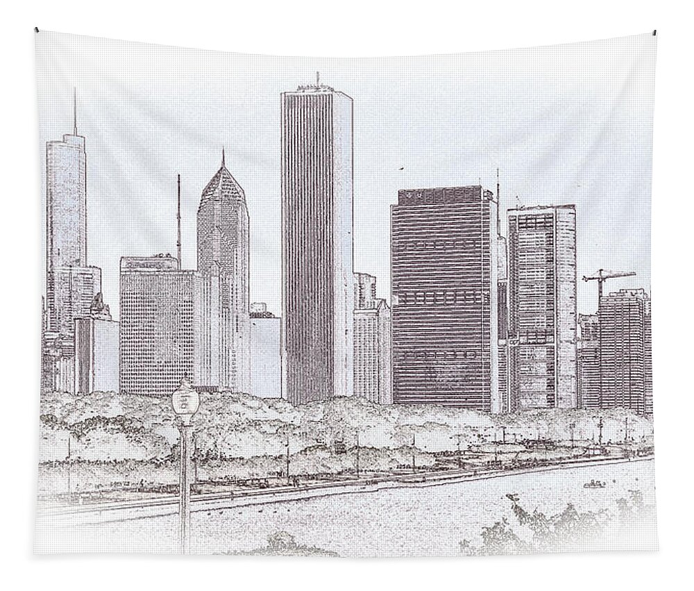  City Tapestry featuring the photograph Chicago Skyline - sketch by Will Wagner