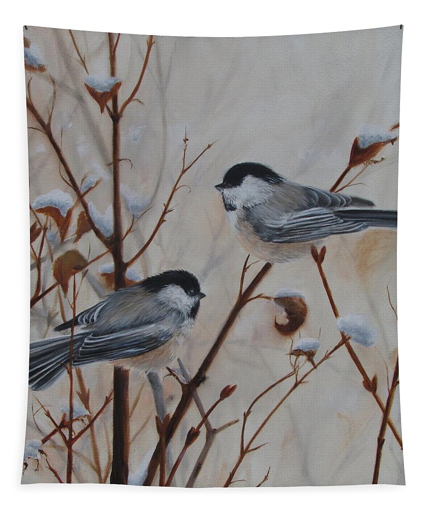Birds Tapestry featuring the painting Chickadees by Tammy Taylor