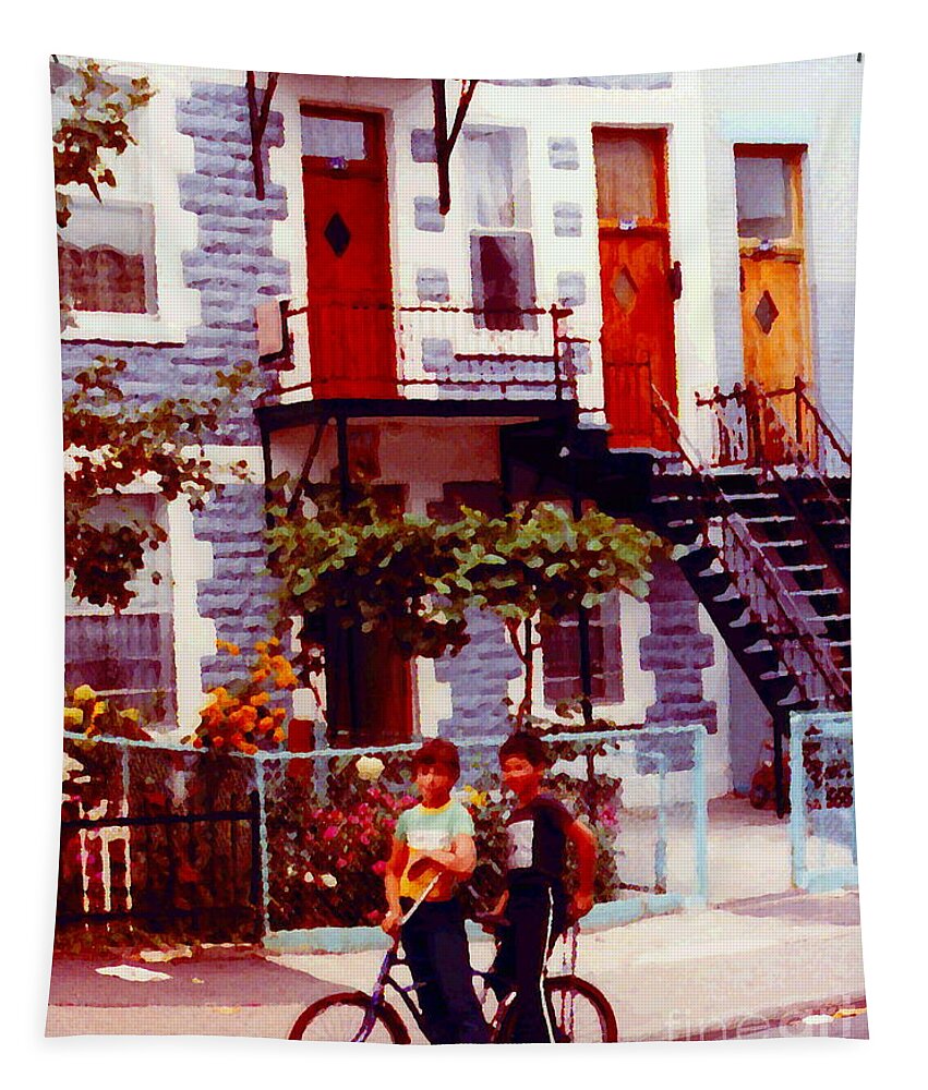  Tapestry featuring the painting Childhood Montreal Memories Balconies And Bikes The Boys Of Summer Our Streets Tell Our Story by Carole Spandau