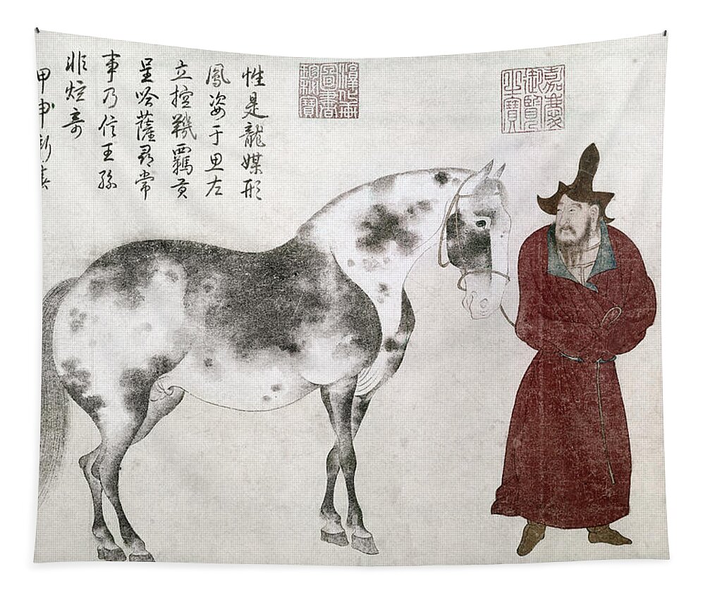 11th Century Tapestry featuring the drawing China Horse And Groom by Chao Yung