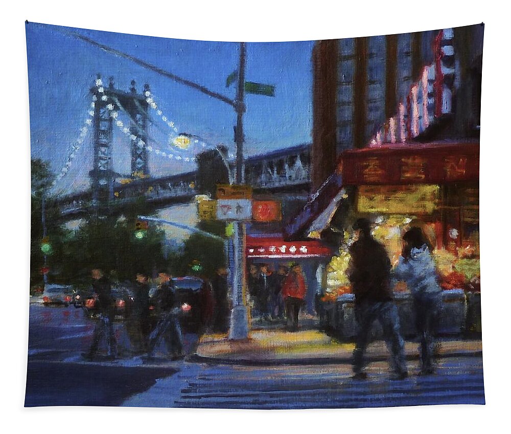 Chinatown Nocturne Tapestry featuring the painting Chinatown Nocturne by Peter Salwen