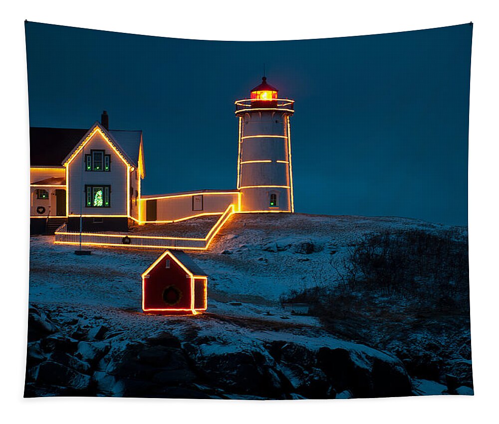 Light Tapestry featuring the photograph Christmas at Nubble Light by Paul Mangold
