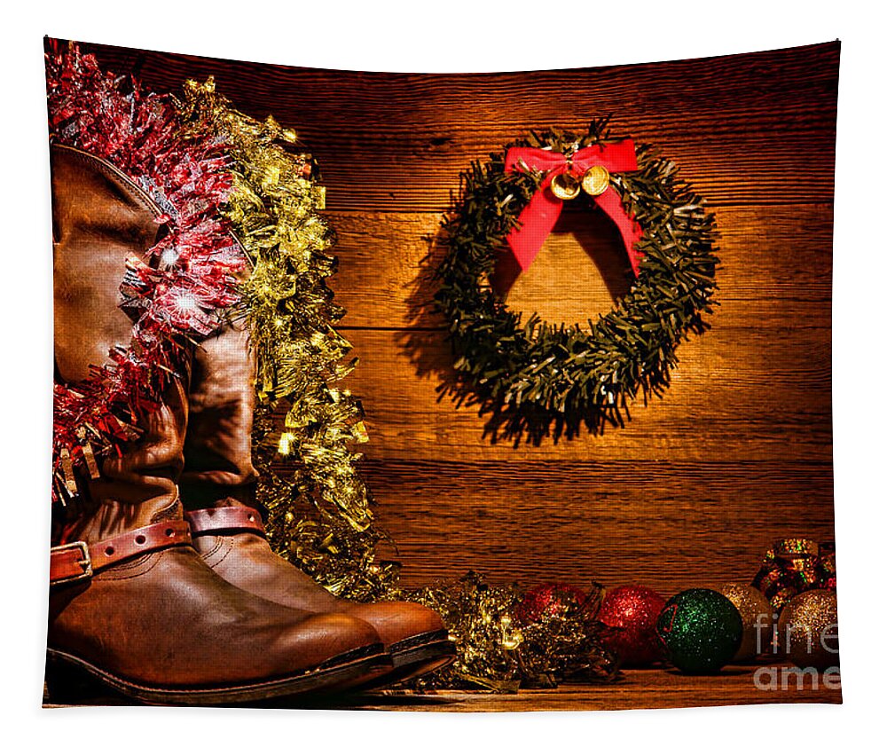 Christmas Tapestry featuring the photograph Christmas Cowboy Boots by Olivier Le Queinec