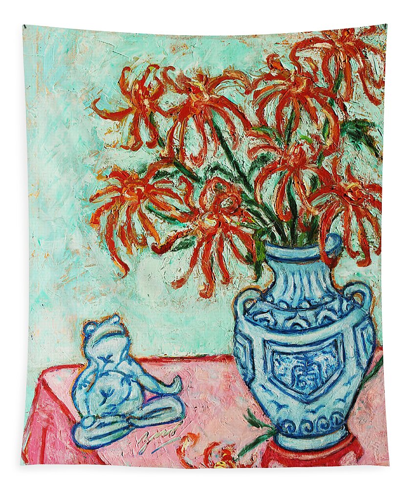 Chrysanthemum Tapestry featuring the painting Chrysanthemum and Frog by Xueling Zou