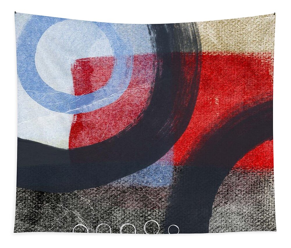 Circles Abstract Blue Red White Grey Gray Black Tan Brown Painting Shapes Geometric Abstract Shapes Abstract Circles Contemporary Office Lobby Studio Abstract Circles Art Ocean Sky Textured Abstract Bedroom Living Room Tapestry featuring the painting Circles 1 by Linda Woods
